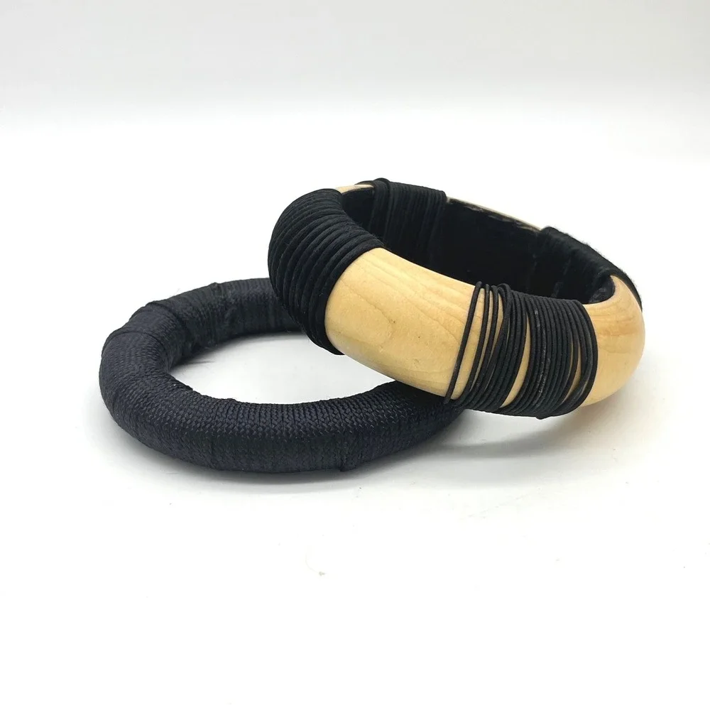 Handmade Wood and Black Cord Wrapped Bangle Bracelet Set Chunky Boho 2pc